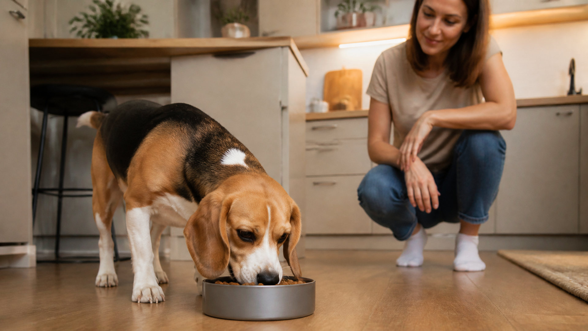 Beagle dog eagerly eating from a slow feeder bowl in a kitchen setting