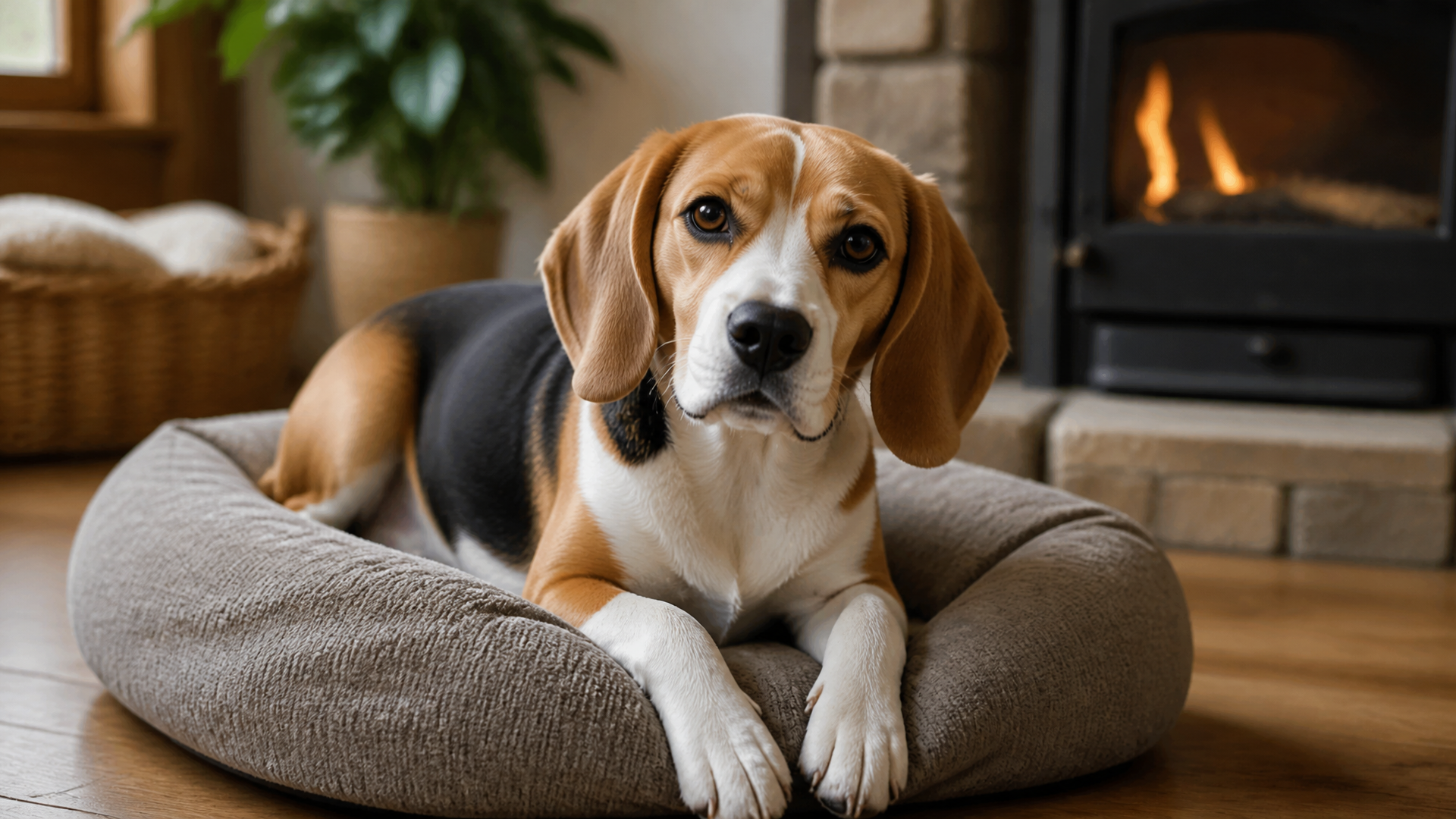 A Beagle dog sitting on grass with a thoughtful expression, looking to the side