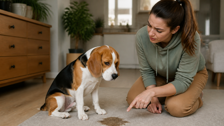 A 6-month-old Beagle puppy sitting on a living room floor near a puddle of urine, looking up with a guilty expression