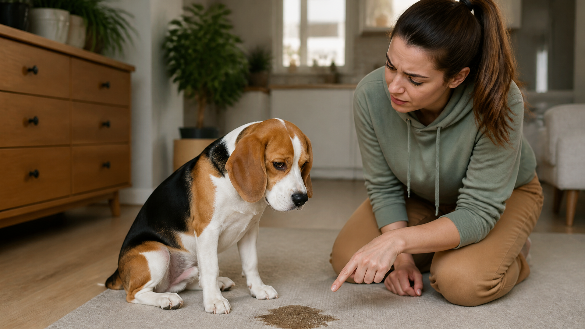 A 6-month-old Beagle puppy sitting on a living room floor near a puddle of urine, looking up with a guilty expression