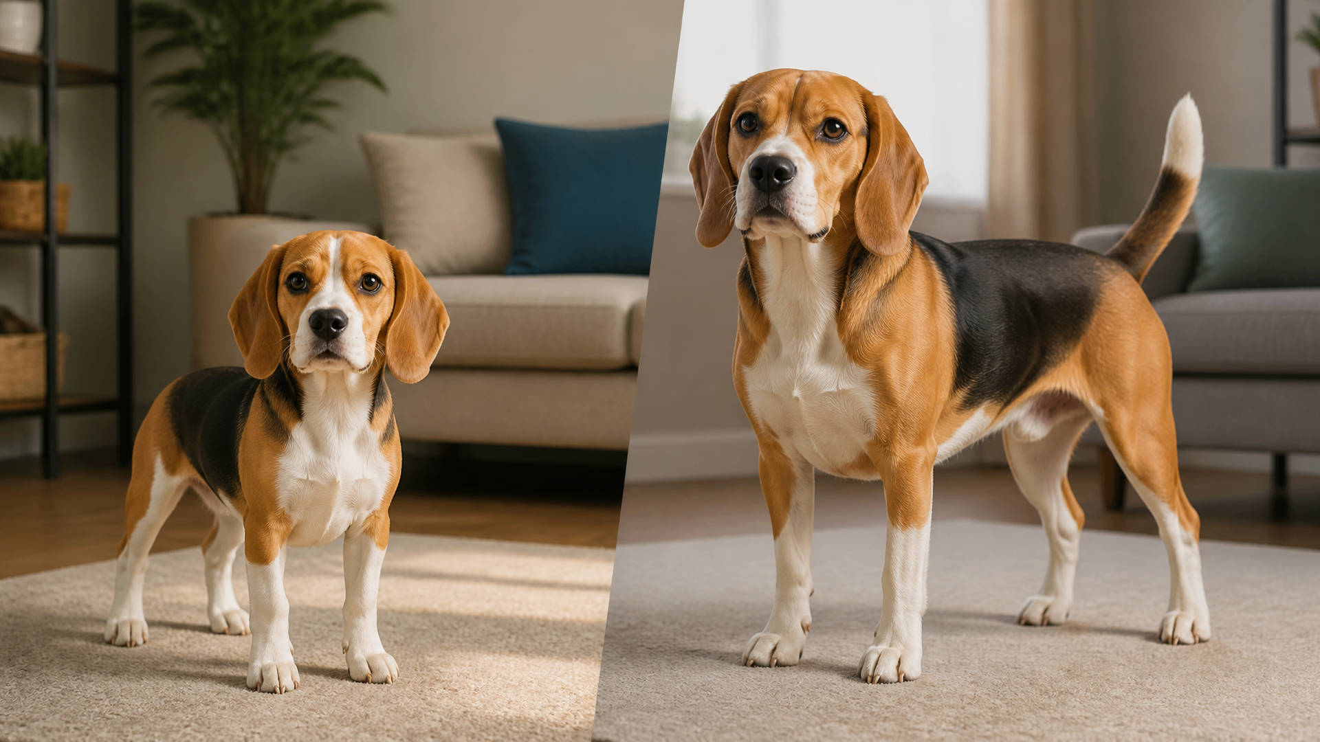 A Beagle standing on grass, showing its compact body and floppy ears, with a measuring tape beside it.