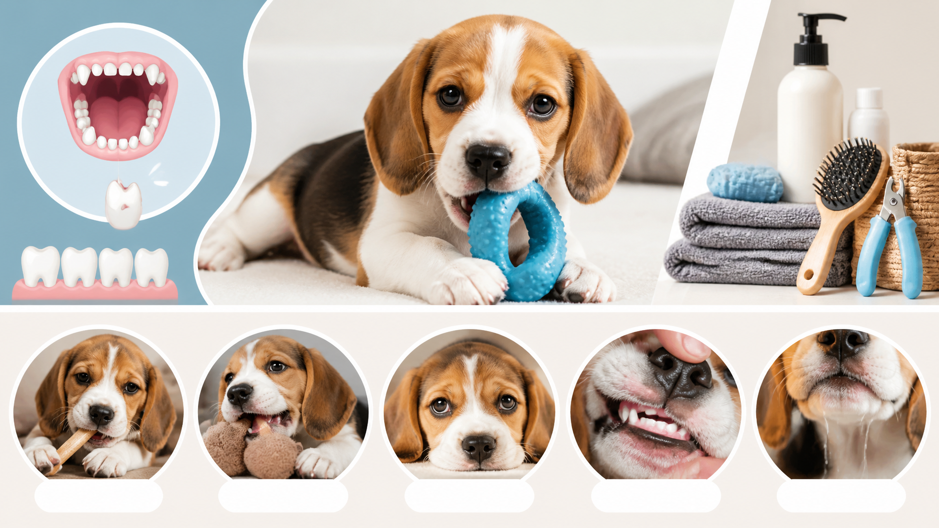 Close-up of a Beagle puppy chewing on a soft toy, showing pink gums and small baby teeth.