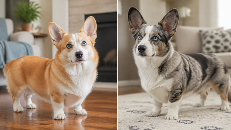 Close-up of a purebred Corgi with striking blue eyes, looking directly at the camera.