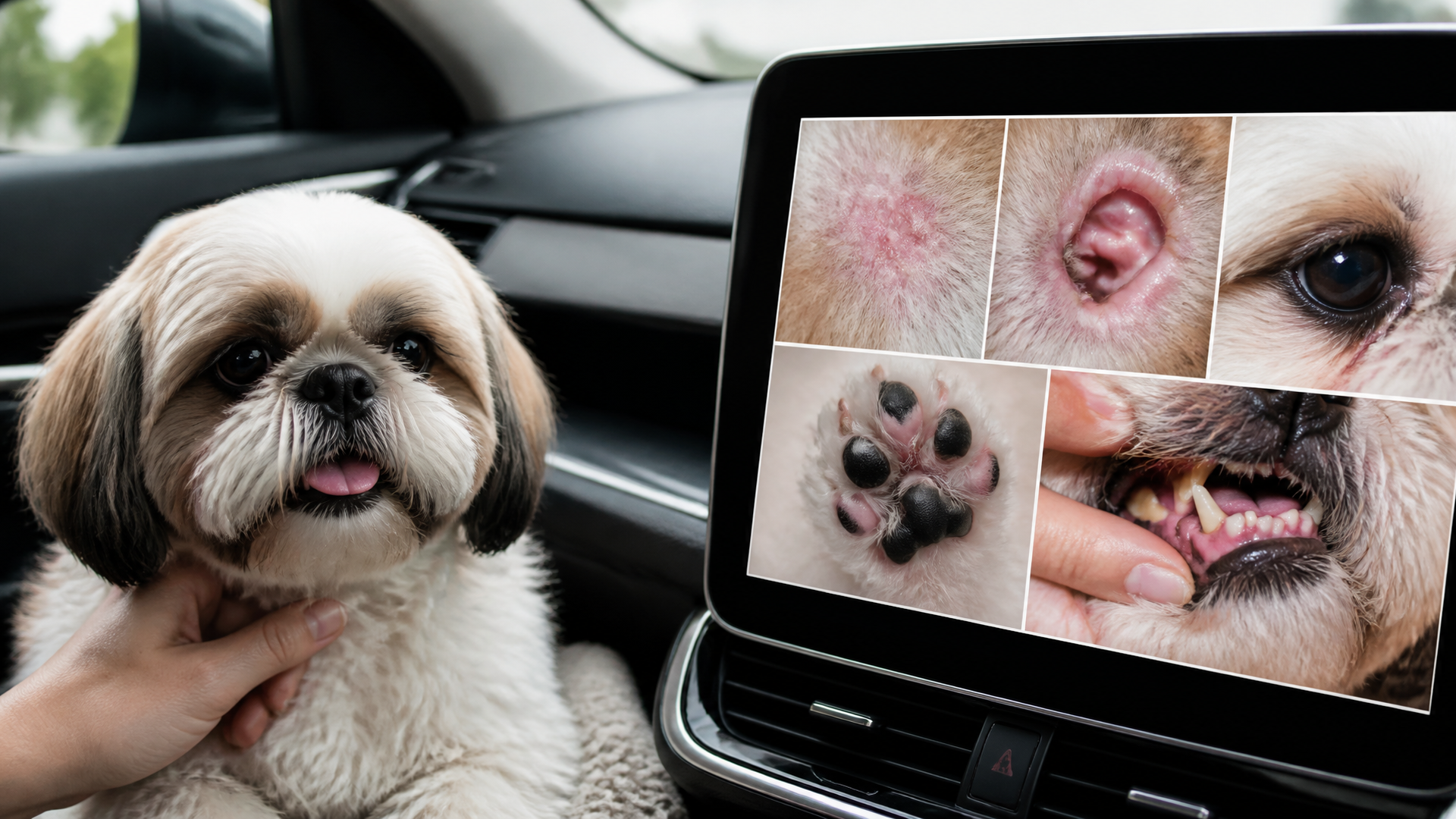 Close-up of a Shih Tzu dog panting heavily with its tongue out, showing signs of respiratory distress