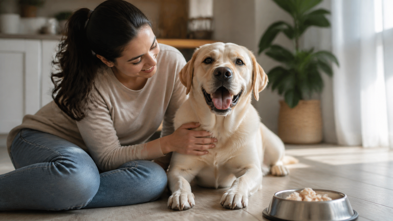 A yellow Labrador Retriever scratching its ear while sitting on a grassy lawn, with a bowl of dog food nearby.