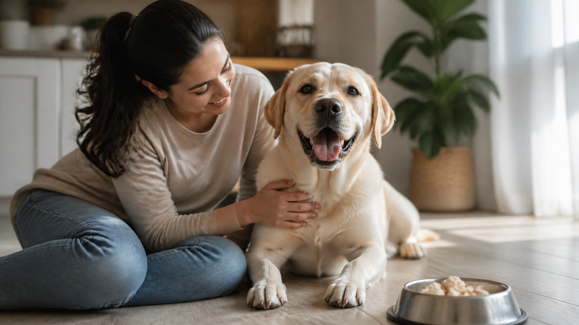 A yellow Labrador Retriever scratching its ear while sitting on a grassy lawn, with a bowl of dog food nearby.