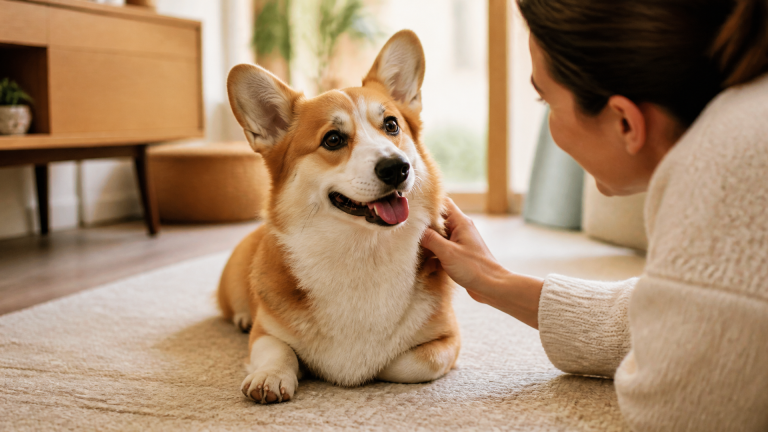 A fluffy Pembroke Welsh Corgi sitting on grass, looking at the camera with a curious expression, bright sunlight highlight...