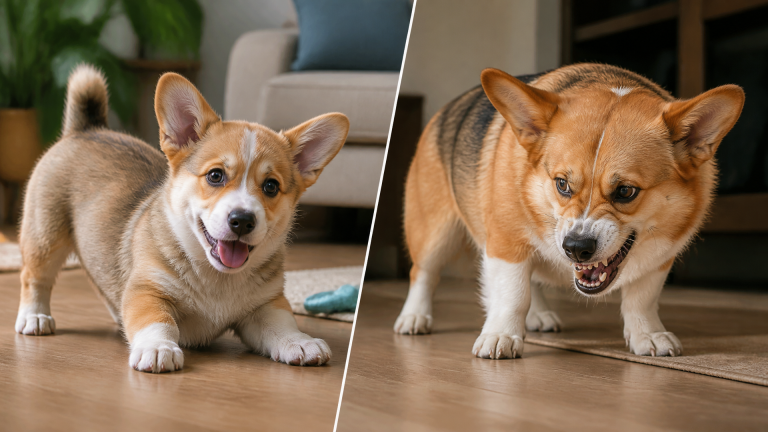 Close-up of a fluffy corgi puppy with ears back, mouth slightly open, in a grassy yard