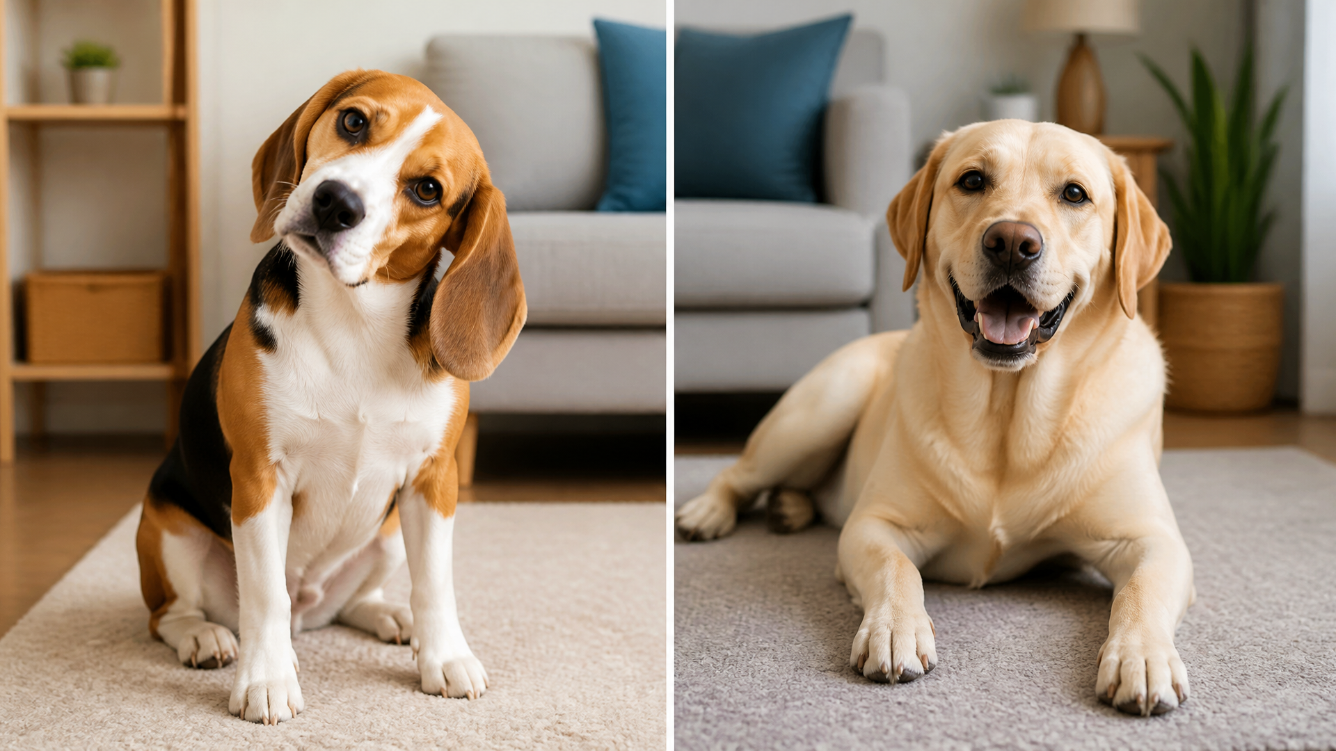 A Beagle tilting its head to one side, showing signs of an inner ear infection, with a concerned owner nearby.