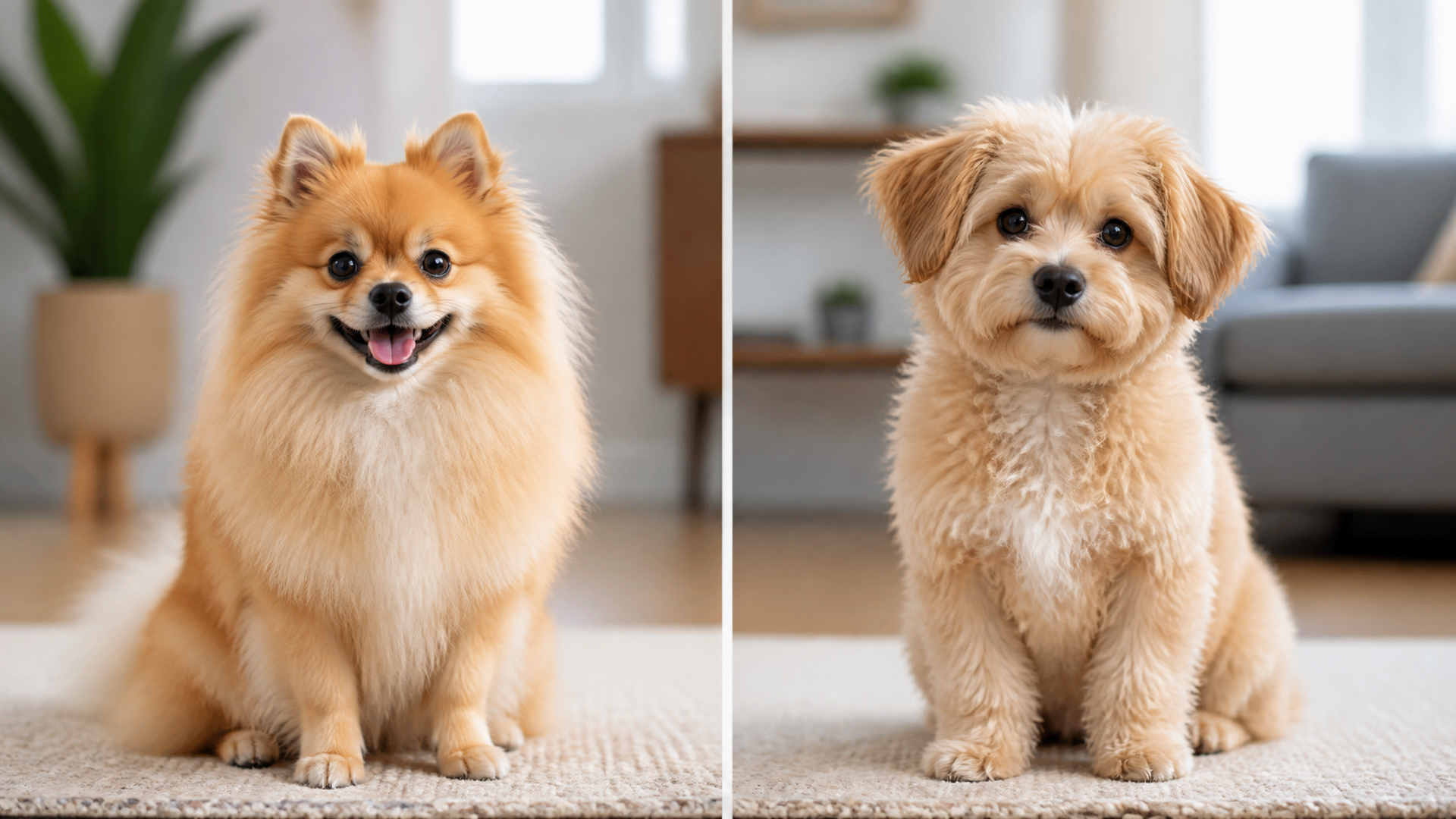 A fluffy Pomeranian mix with floppy ears sitting on a grassy lawn, looking at the camera with a curious expression.