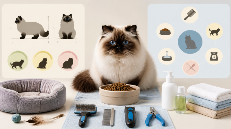 A fluffy Himalayan cat sitting on a scale, with a measuring tape and food bowl nearby, showing healthy weight monitoring.