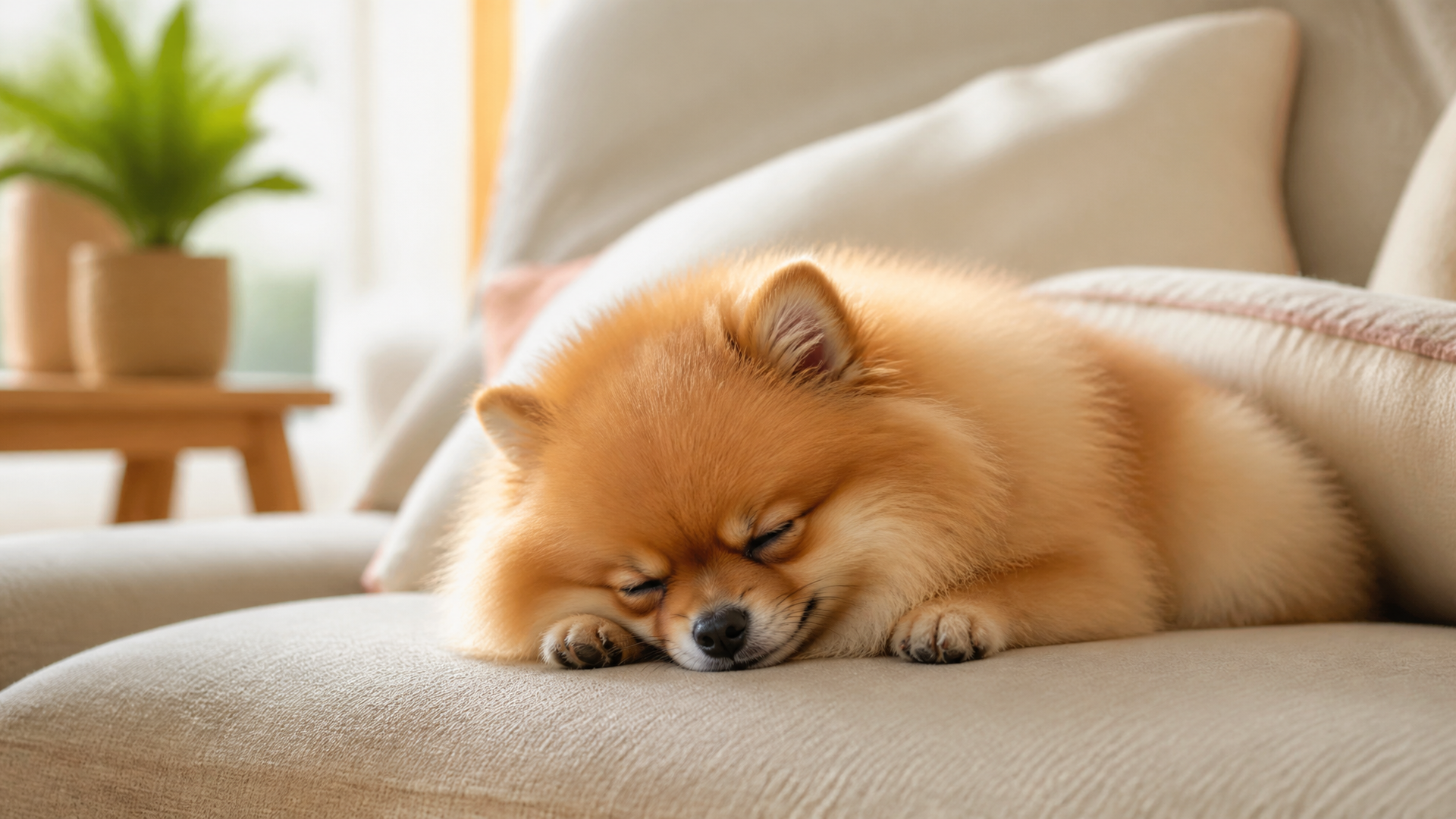 Fluffy orange Pomeranian curled up asleep on a beige sofa cushion, eyes closed, peaceful expression