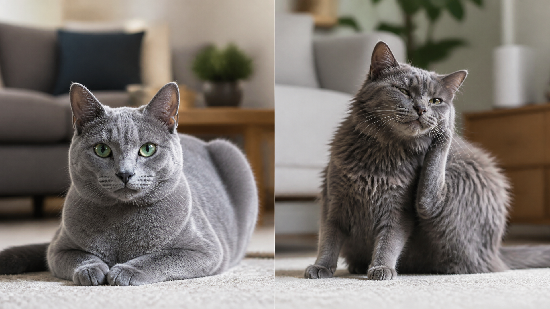 A Russian Blue cat sneezing and scratching near a window, with watery eyes and irritated skin visible