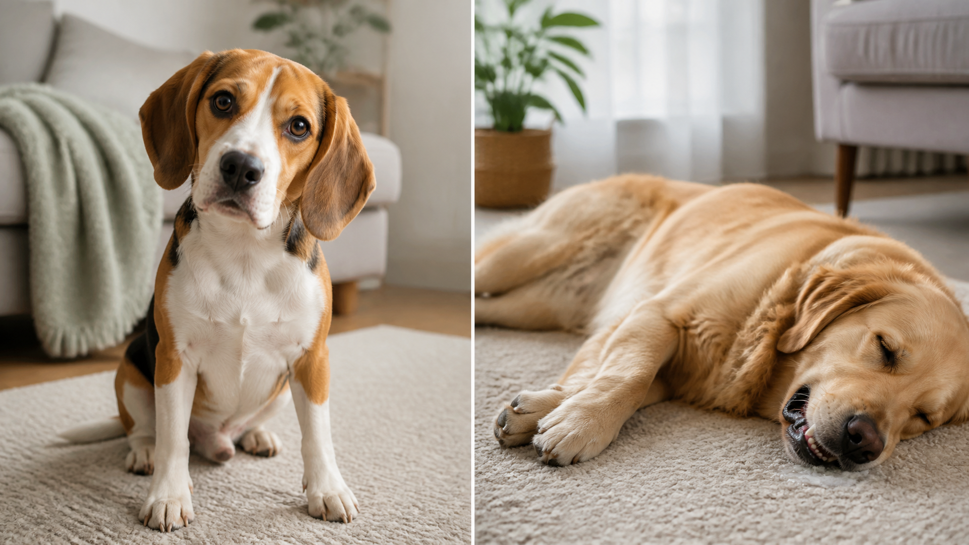 A Beagle lying on a soft blanket, appearing calm and alert, with a concerned owner's hand gently stroking its side.