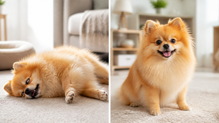 Small fluffy Pomeranian dog sitting on a soft blanket, looking alert with a concerned owner's hand gently resting nearby