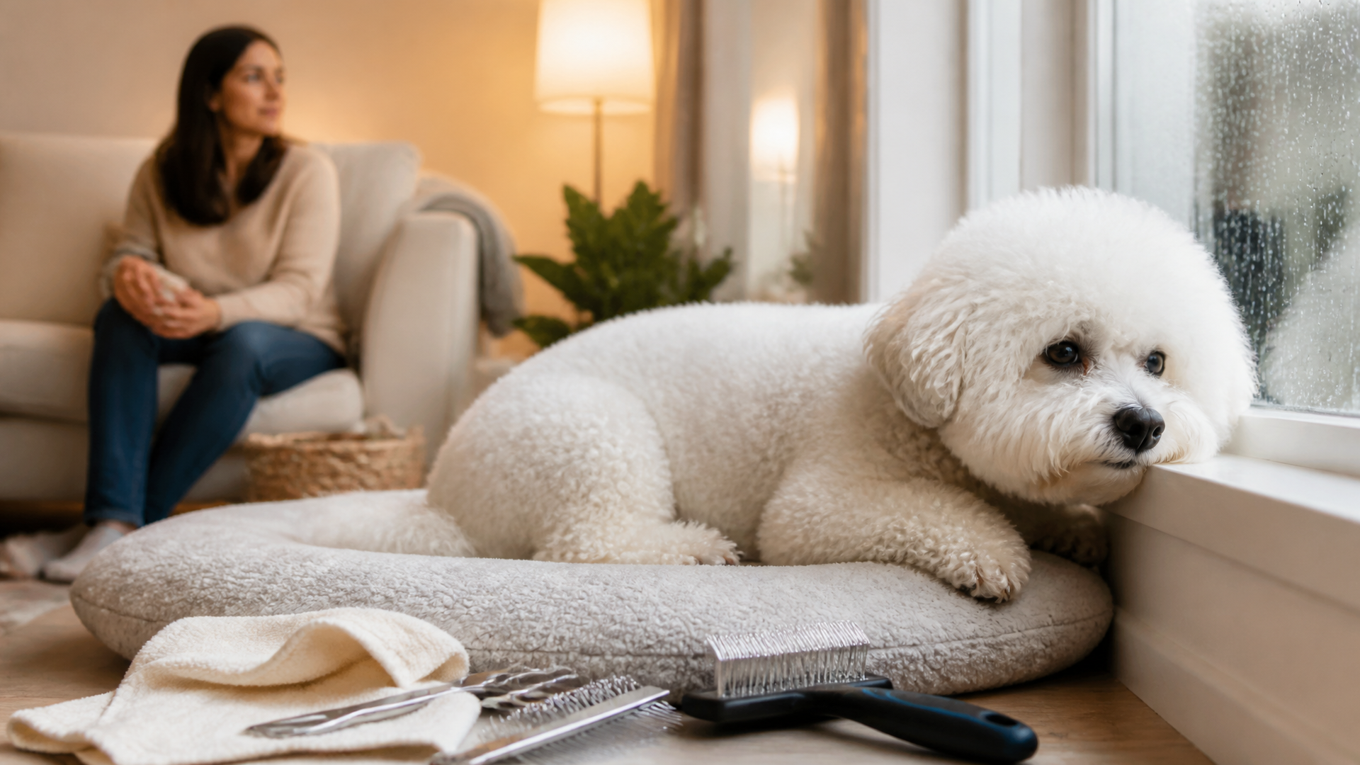 A fluffy white Bichon Frise sitting on a couch, looking out a window with a worried expression
