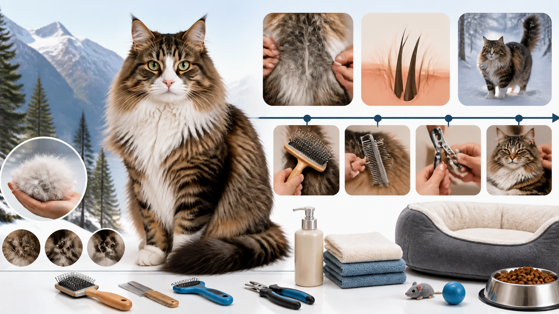 A fluffy Norwegian Forest Cat with a thick double coat sitting on a wooden floor, loose fur visible around it.