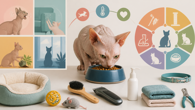 A hairless Sphynx cat sitting on a sofa, looking at the camera with bright eyes, in a cozy living room setting.