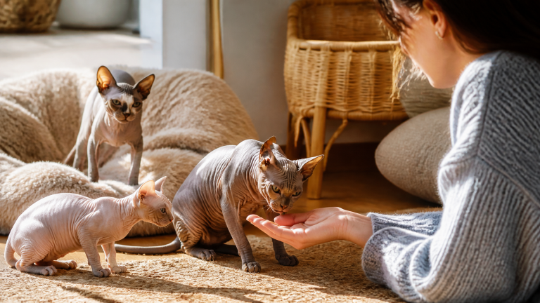 Two Sphynx cats sitting side by side, one noticeably larger than the other, on a soft blanket.