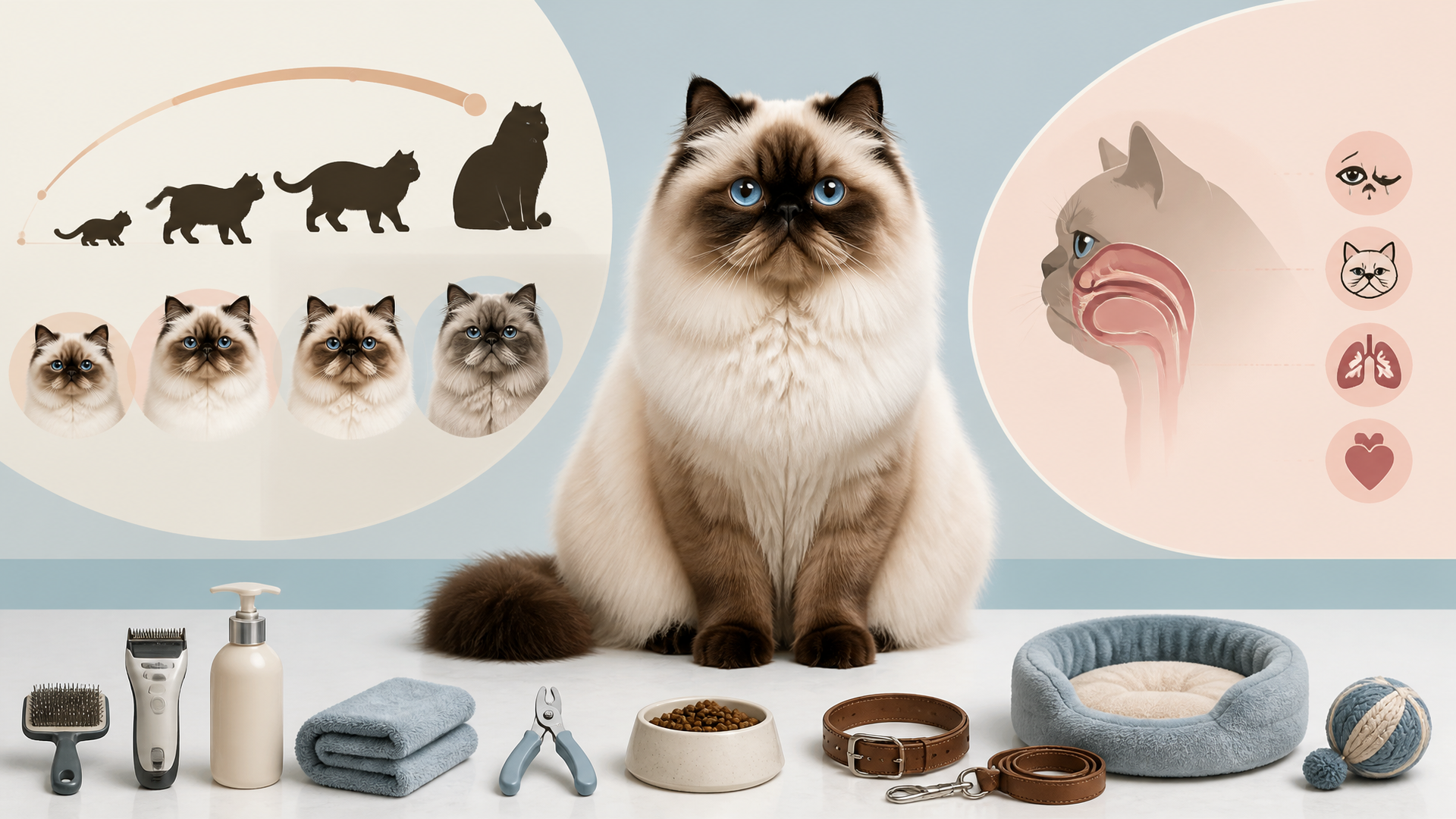 A Himalayan cat with blue eyes and a cream coat lounging on a soft blanket, with a lifespan chart overlay showing age mile...
