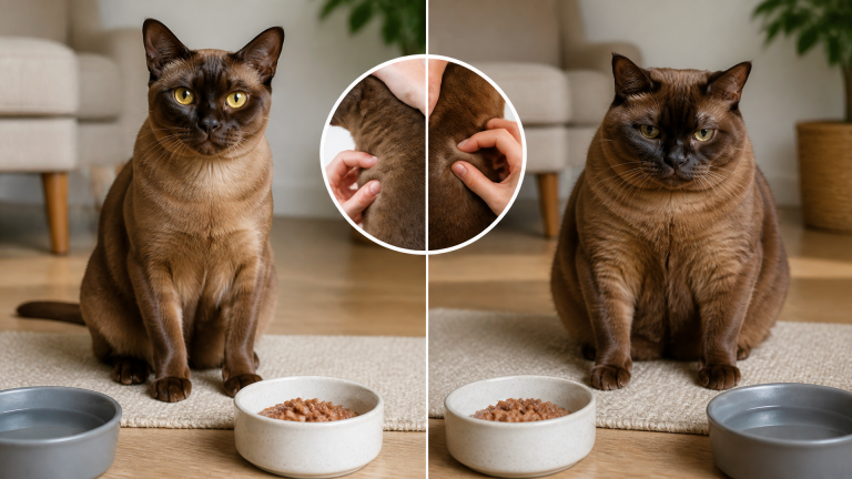 A healthy Burmese cat standing on a scale, showing its muscular and dense body shape