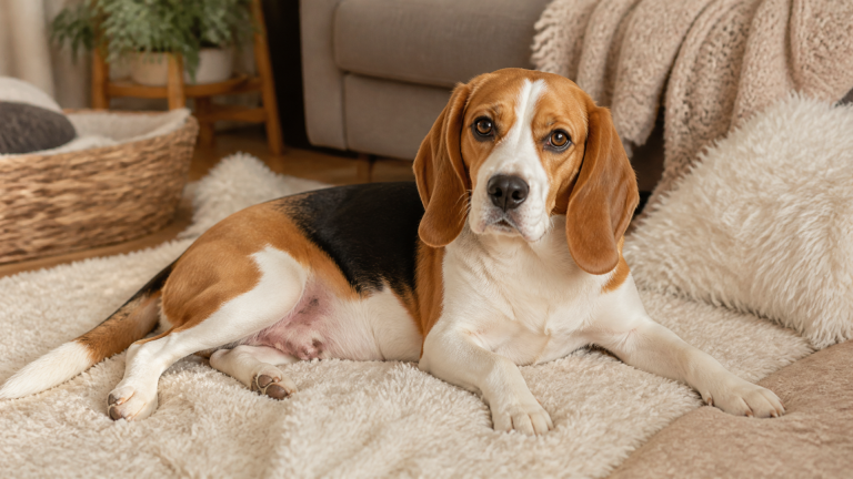 A healthy Beagle dog standing in a grassy backyard, looking alert with ears perked up