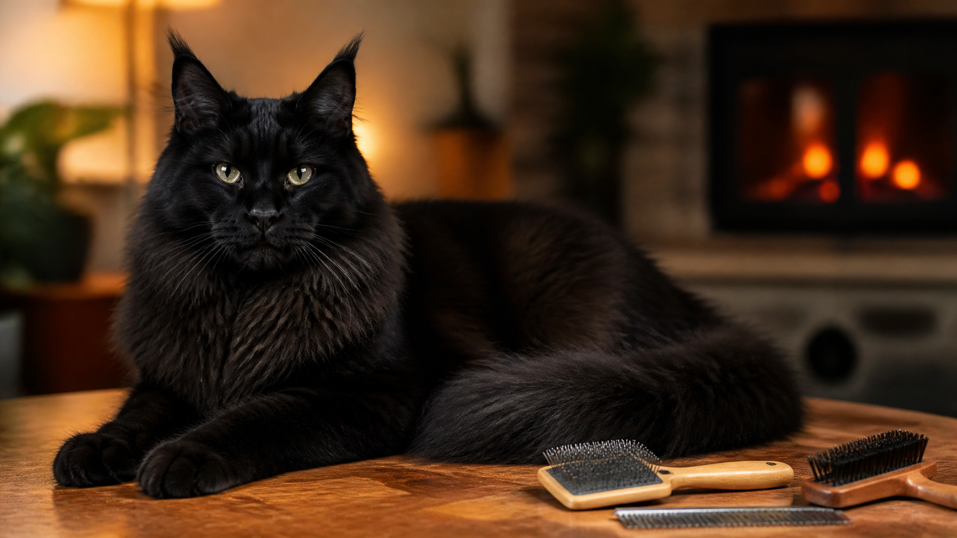Black Norwegian Forest Cat with solid jet black coat, lynx-like ear tufts, and thick fluffy tail sitting on a wooden surface