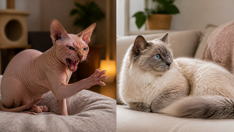 Close-up of a hairless Sphynx cat with ears flattened and mouth open, appearing agitated or hissing