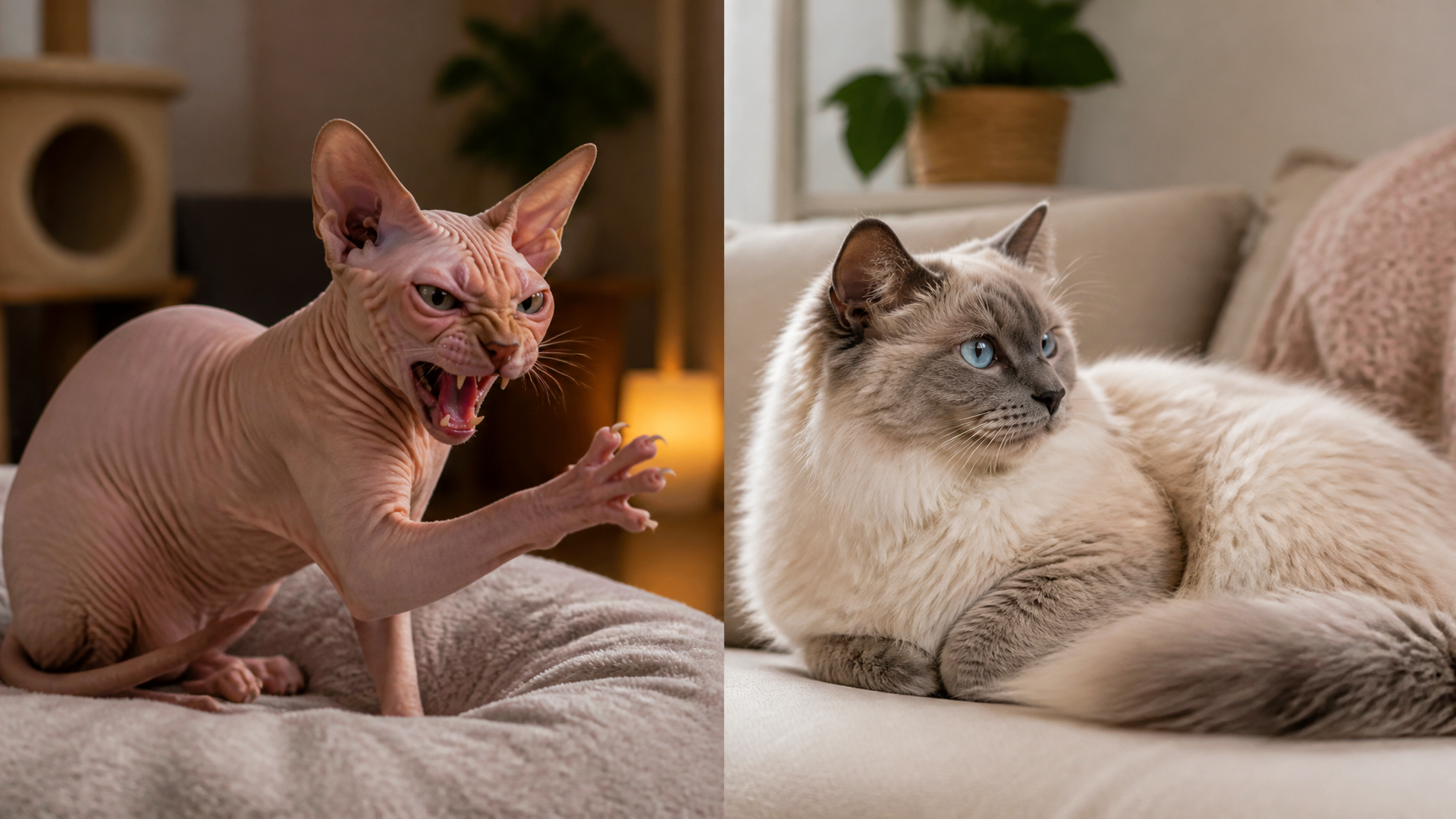 Close-up of a hairless Sphynx cat with ears flattened and mouth open, appearing agitated or hissing