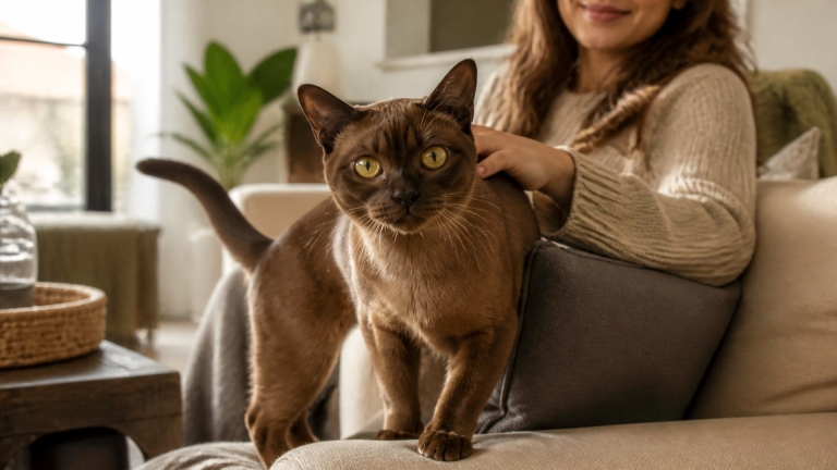 Burmese cat sitting on a couch, looking directly at the camera with bright golden eyes