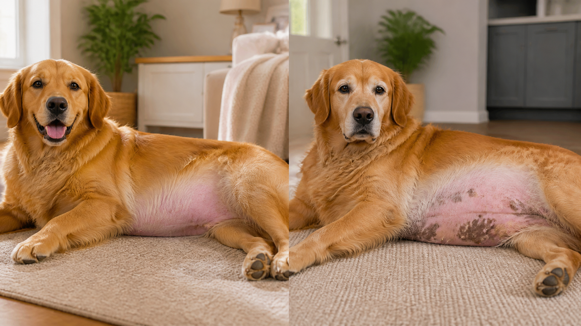 Golden Retriever lying on grass, belly exposed showing natural pink and spotted skin pigmentation