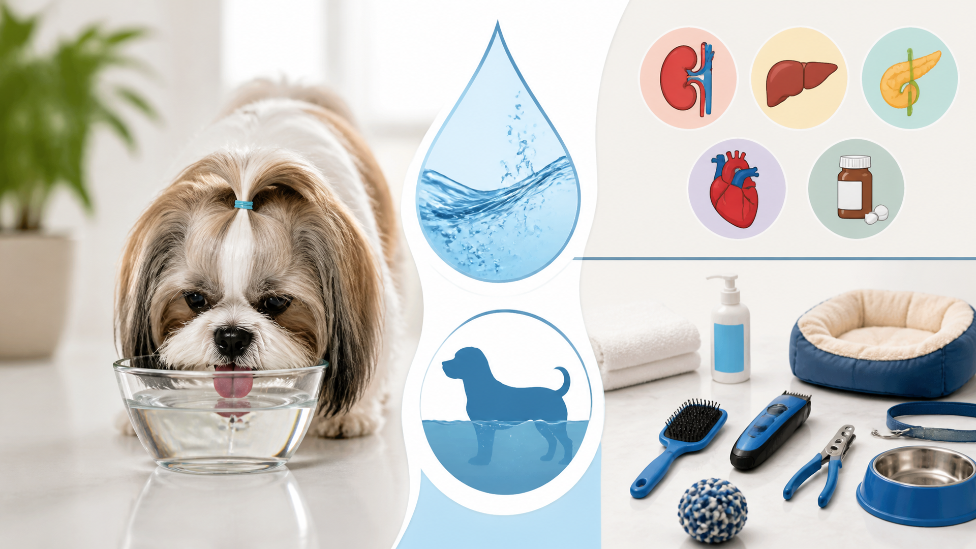 A Shih Tzu with a white and tan coat drinking water from a stainless steel bowl on a kitchen floor