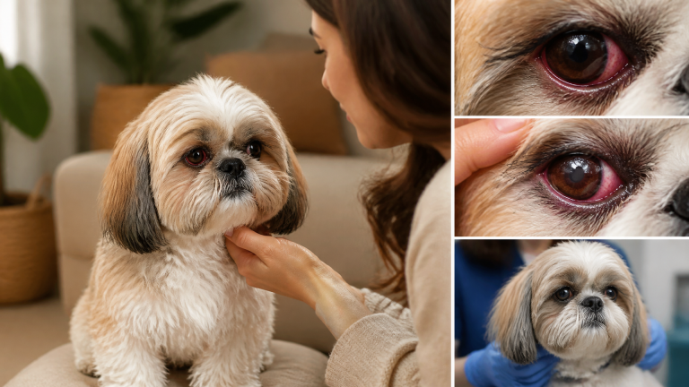 Close-up of a Shih Tzu's red, irritated eye with visible tear staining and slight squinting