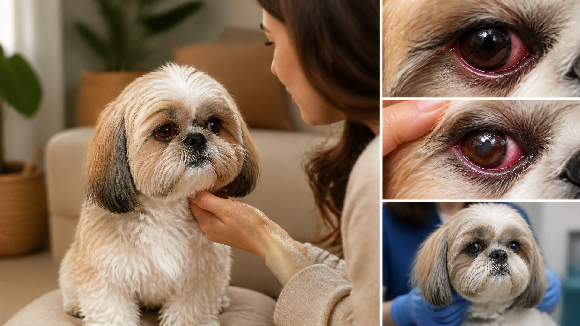 Close-up of a Shih Tzu's red, irritated eye with visible tear staining and slight squinting
