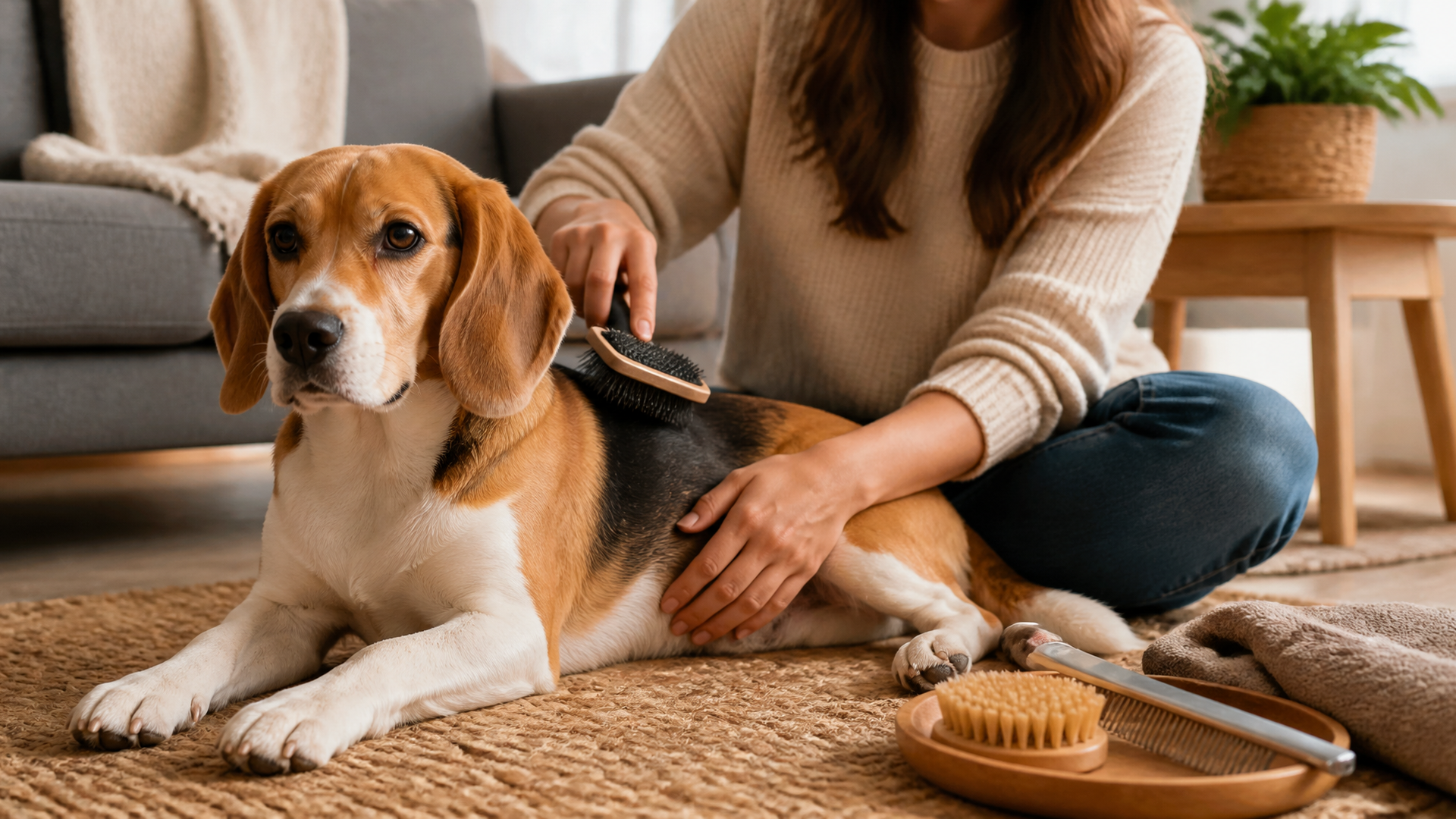 Close-up of a tricolor Beagle with short, dense double coat, showing smooth texture and white, black, and tan markings.
