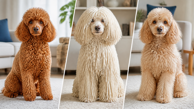 Three Poodle coat types: curly, corded, and wavy, shown side by side on white background
