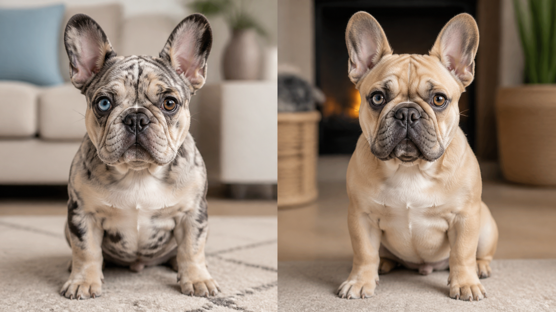 A French Bulldog with one blue eye and one brown eye, looking directly at the camera with a curious expression.