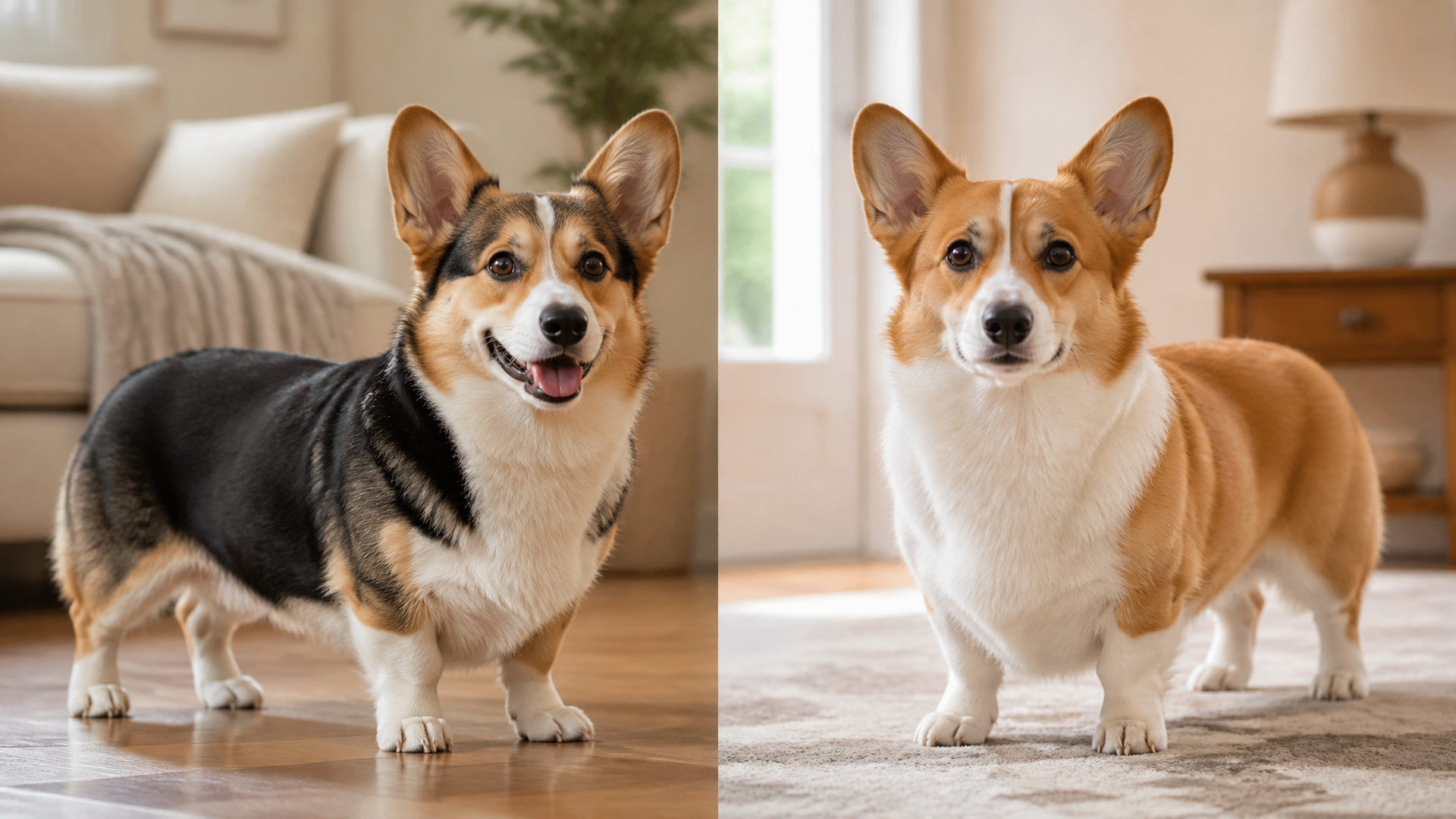 A tricolor Pembroke Welsh Corgi with red, black, and white markings standing in a grassy field, looking alert and happy.