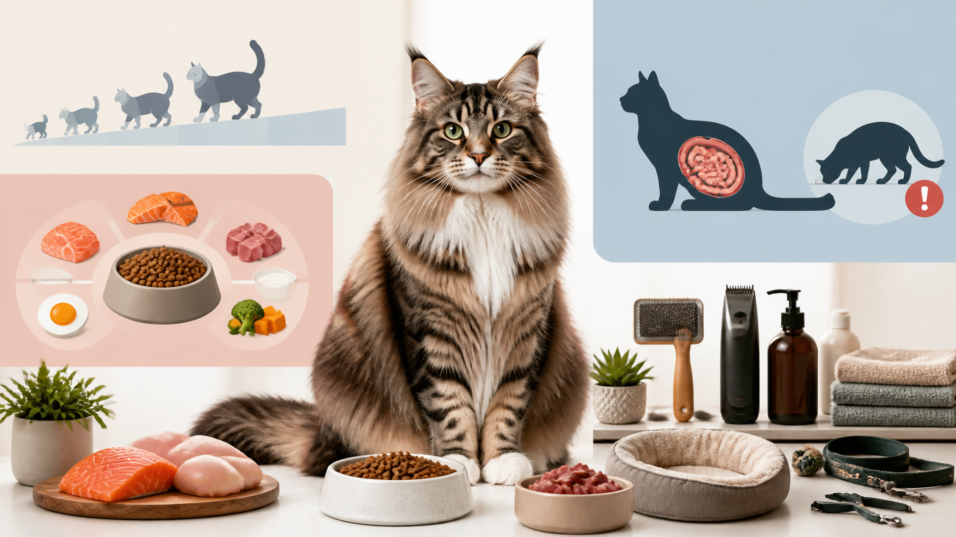 A fluffy Norwegian Forest Cat eating from a bowl of high-protein kibble on a kitchen floor, with a measuring cup nearby.