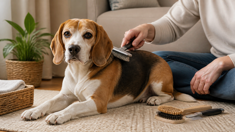 A purebred Beagle with a short, dense double coat standing in a grassy yard, looking at the camera