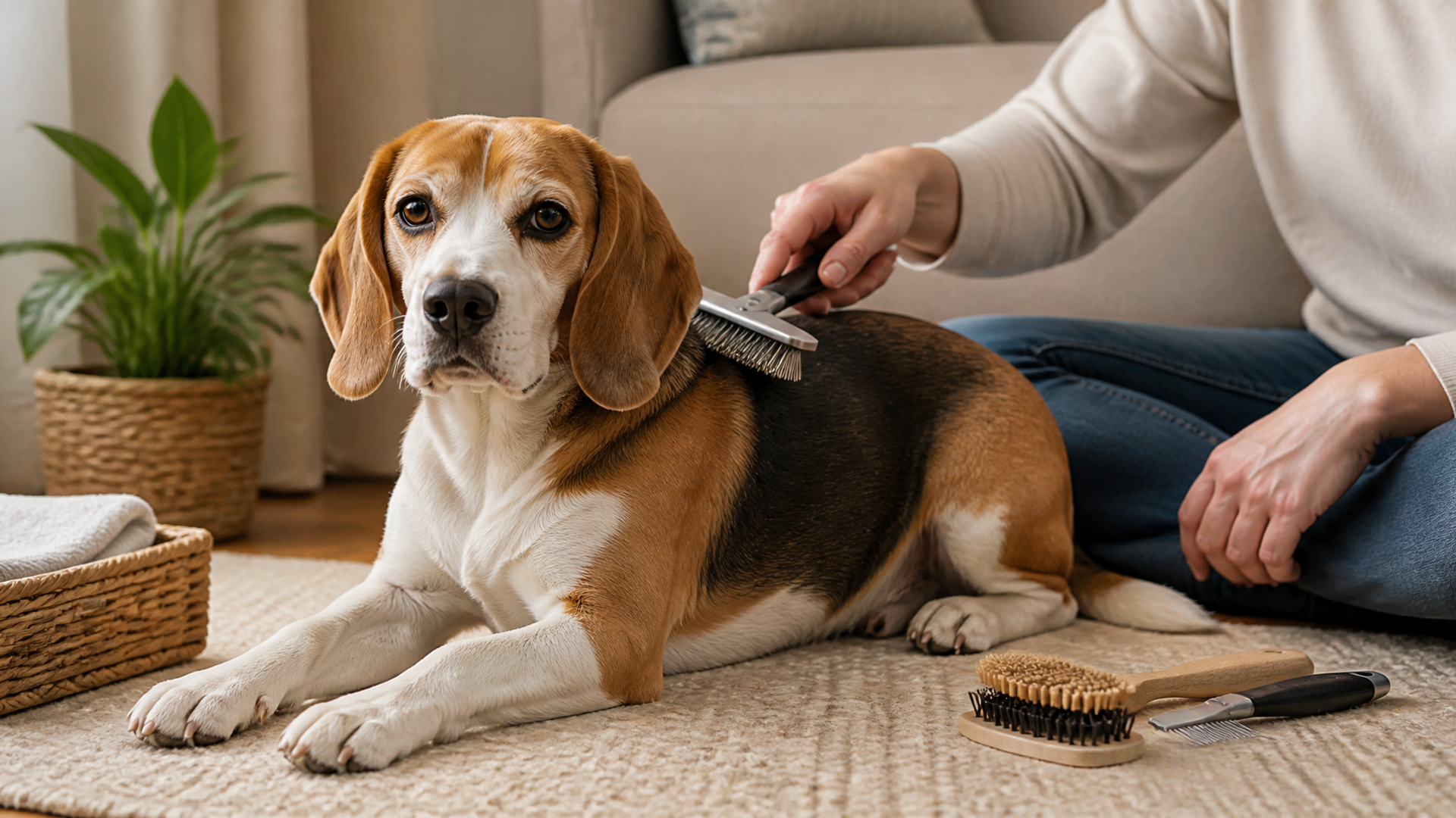 A purebred Beagle with a short, dense double coat standing in a grassy yard, looking at the camera