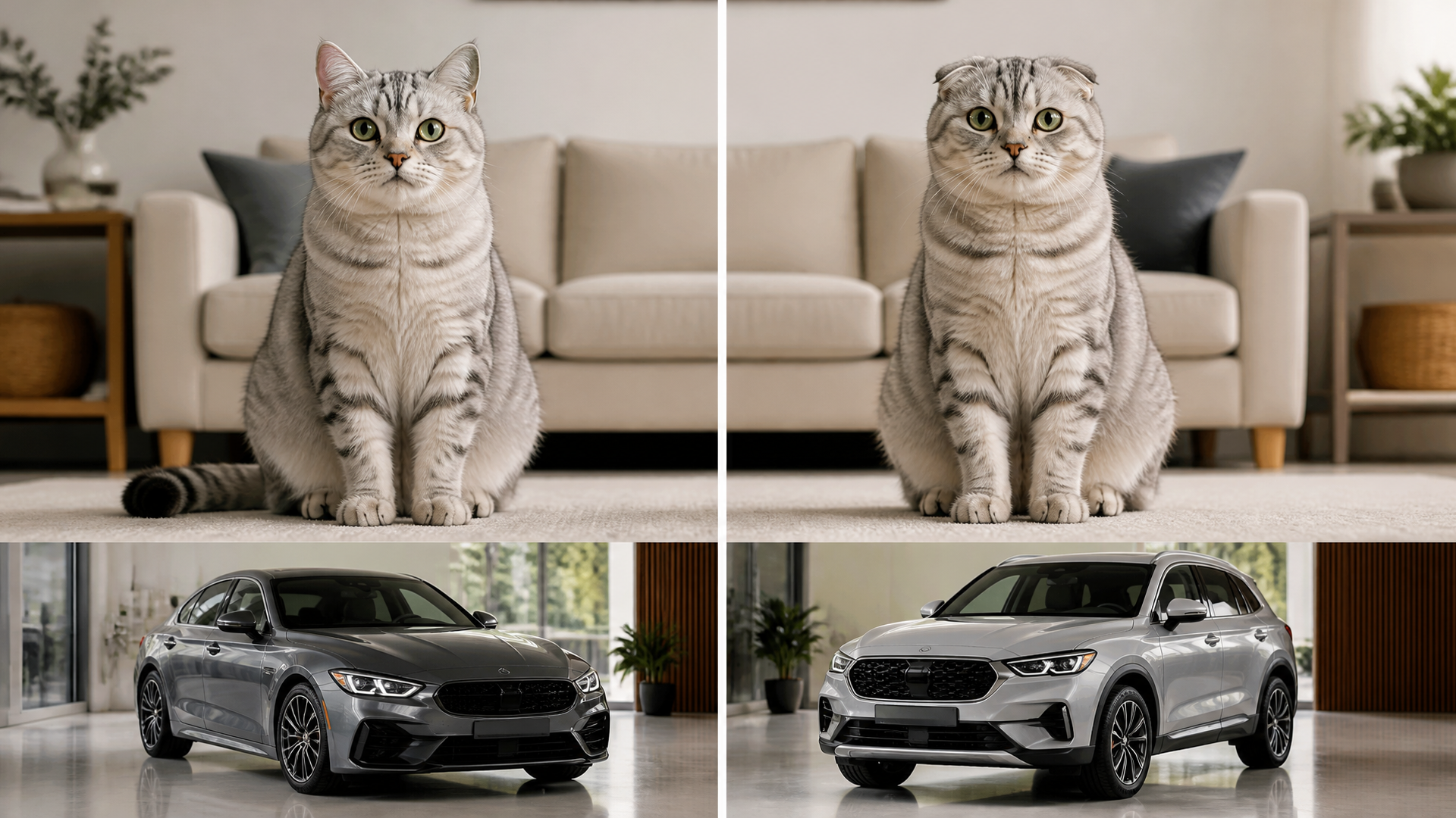 Two cats side by side, one with folded ears and one with upright ears, illustrating the difference between Scottish Fold a...