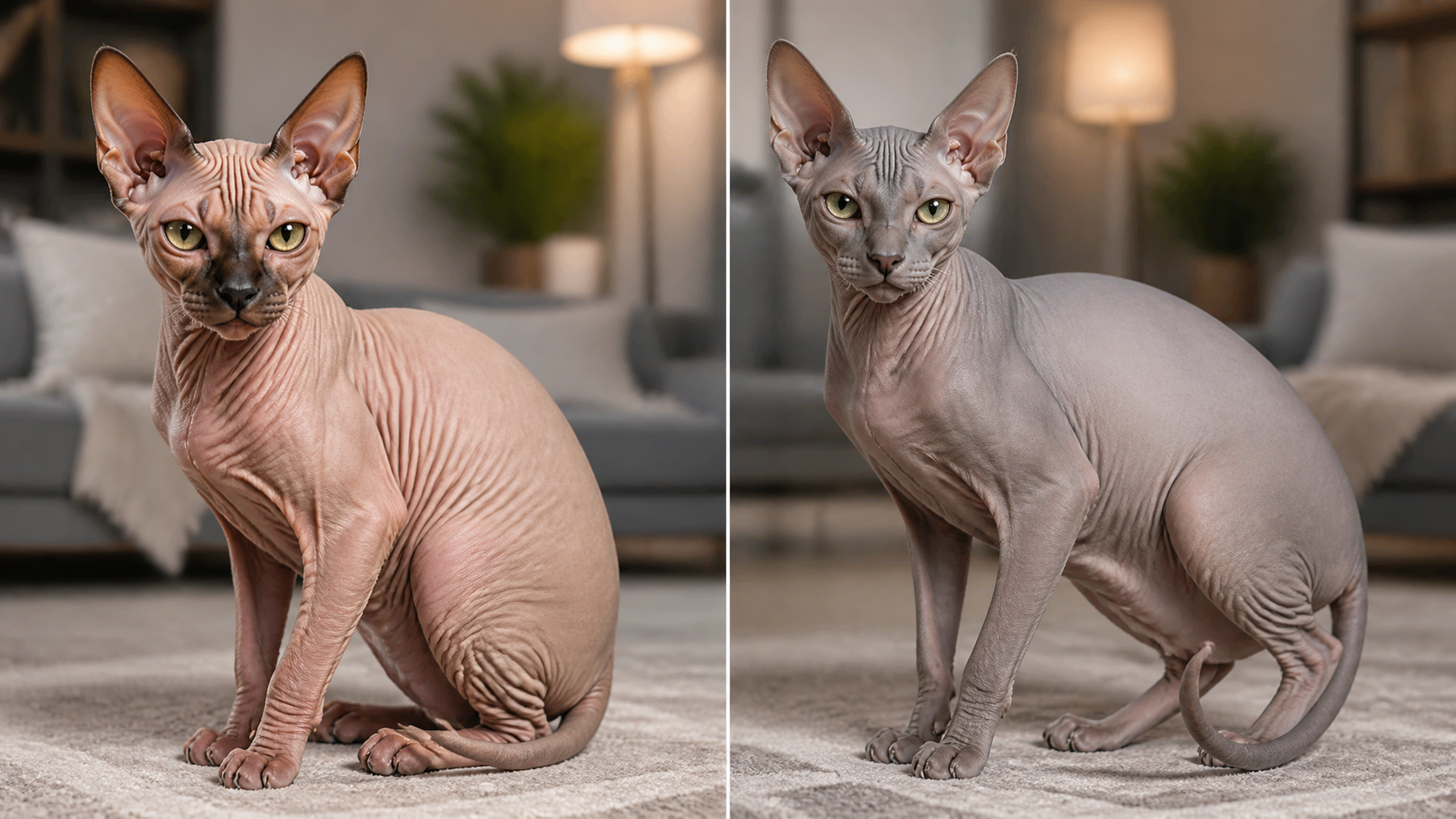 Two Sphynx cats sitting side by side, one with pale pink skin and the other with a darker gray tone, showcasing breed and...