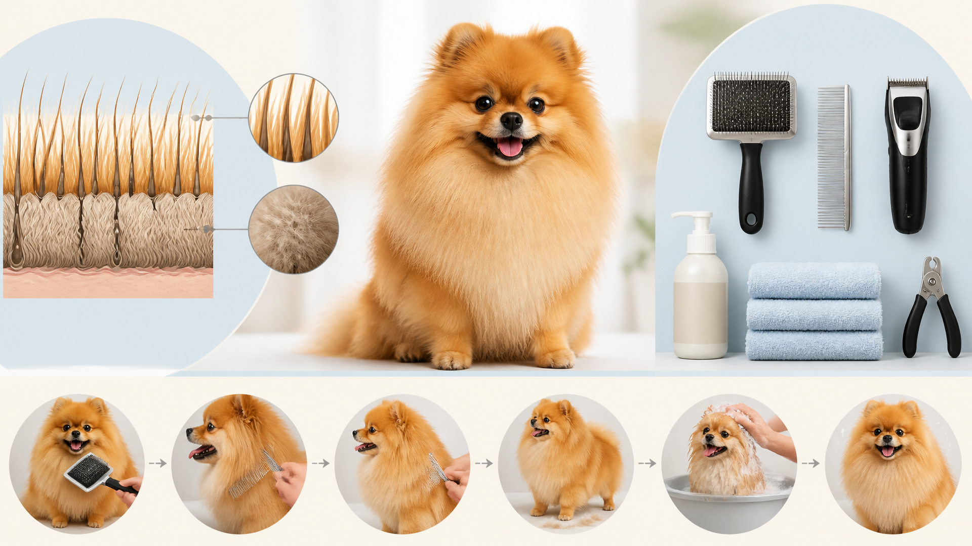 Close-up of a fluffy orange Pomeranian showing its thick double coat with soft undercoat and longer guard hairs