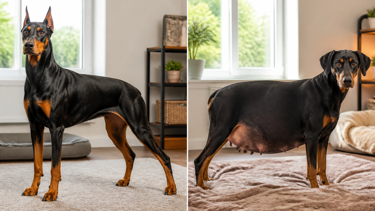 Pregnant Doberman Pinscher resting on a soft bed, belly visible, looking calm