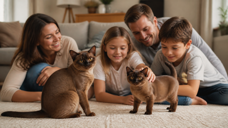 A Burmese cat sitting on a sofa next to a smiling child, both looking at the camera in a cozy living room