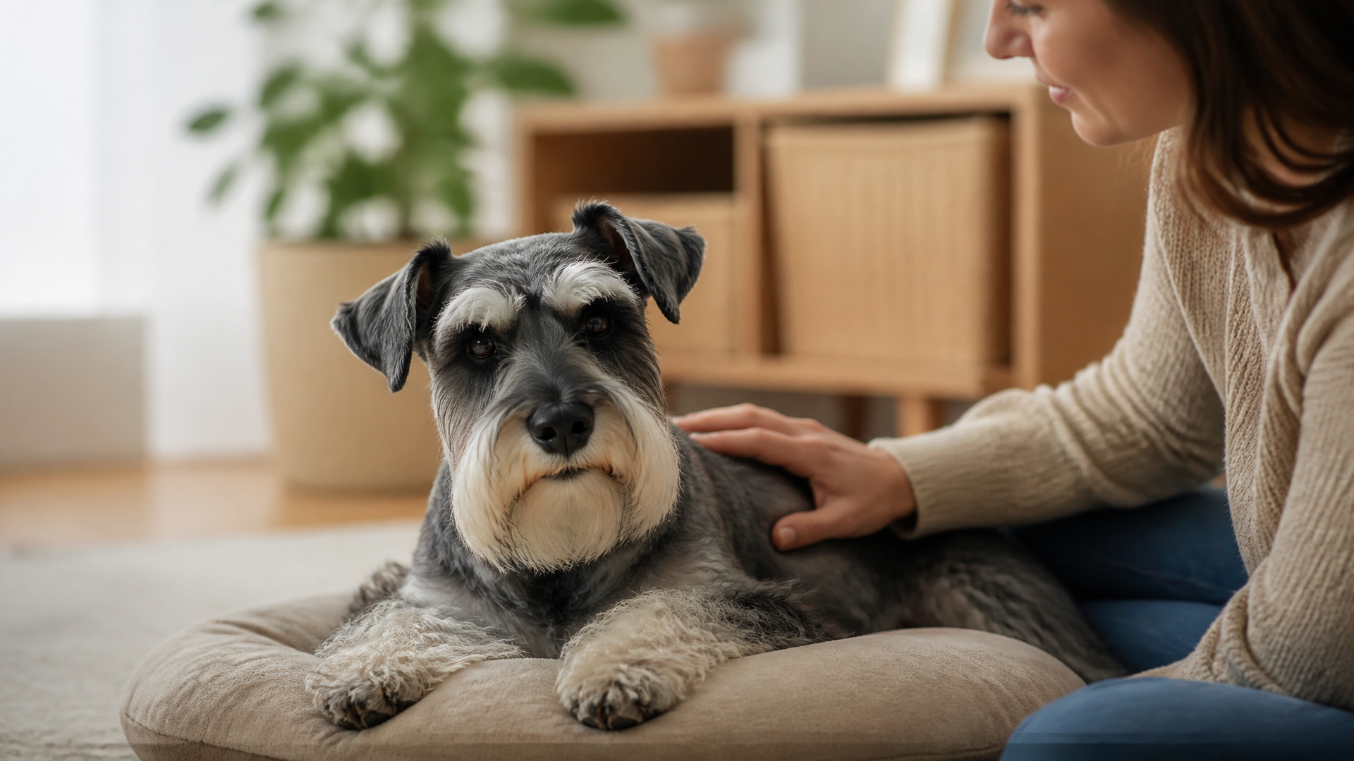 A female Miniature Schnauzer sitting calmly on a soft blanket, looking attentive with perked ears and a gentle expression.