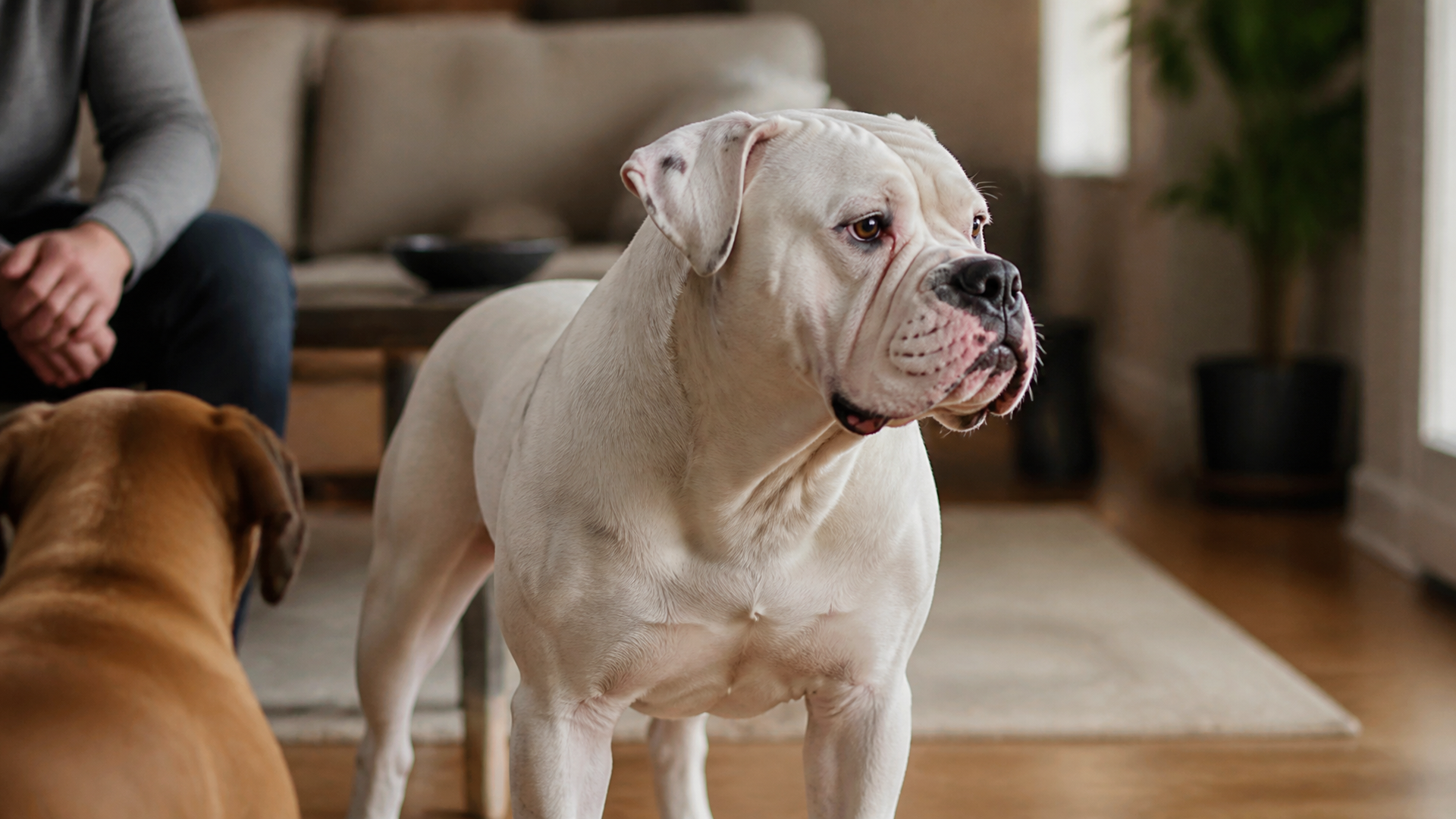 Two American Bulldogs standing side by side in a grassy yard, one sniffing the other attentively