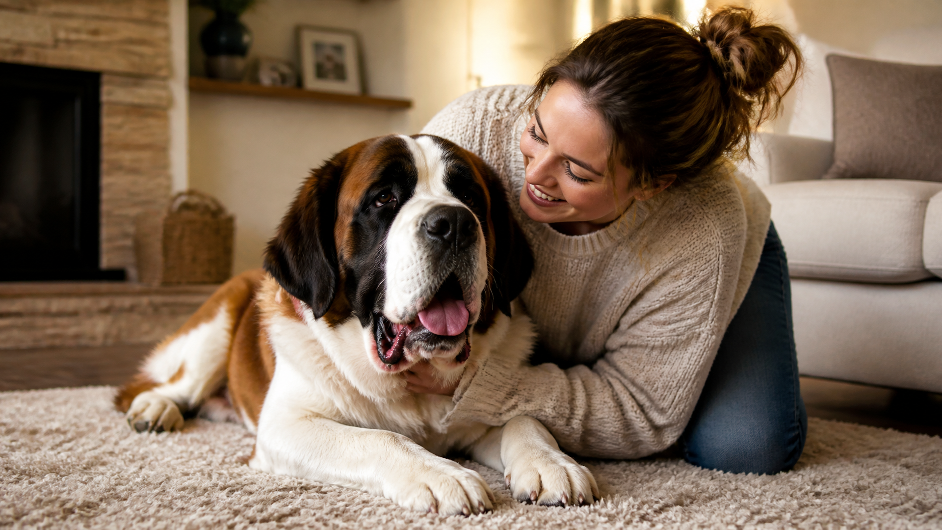 A Saint Bernard dog lying on a rug, looking calm and relaxed indoors