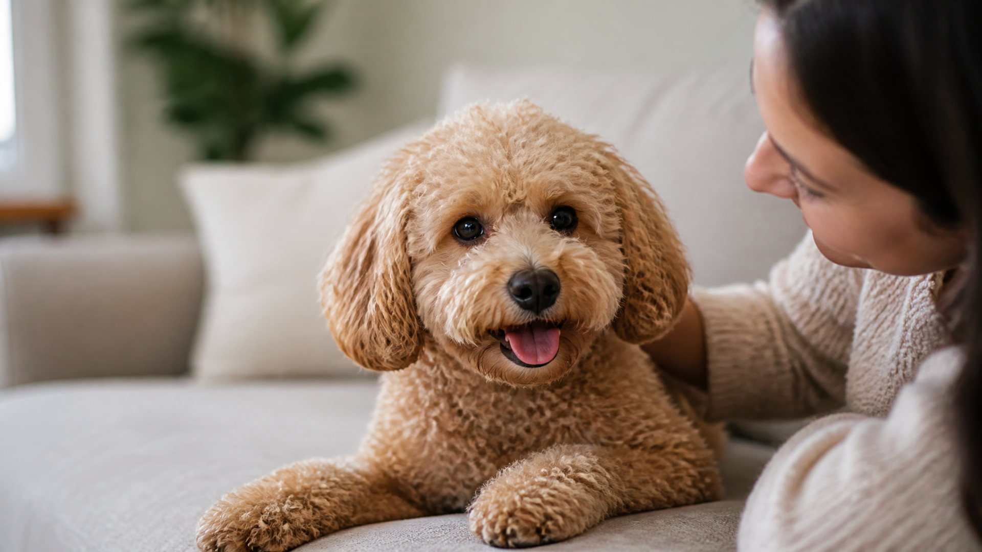 A healthy Shih Poo dog sitting on a soft blanket, looking at the camera with a happy expression.